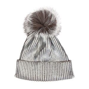 Adrienne Landau Sparkly Silver Metallic Ribbed Beanie Real Fox Fur Pom Pom NWOT